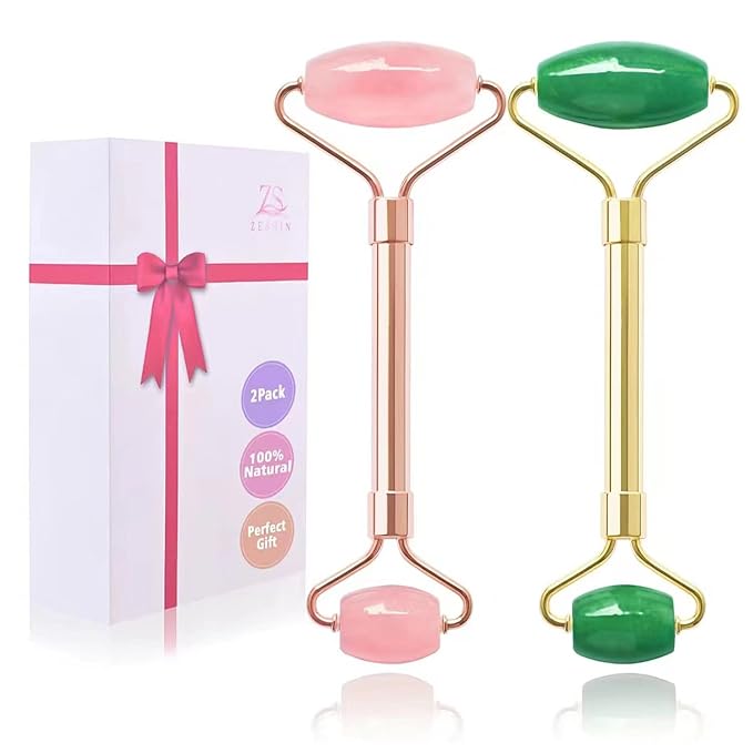2 Pack Jade Facial Roller & Rose Quartz Face Roller by ZSZESHIN