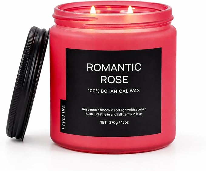 Rose Scented Candles for Home, 13oz Organic Soy Wax, 76-Hour Clean Burning by Fivefire