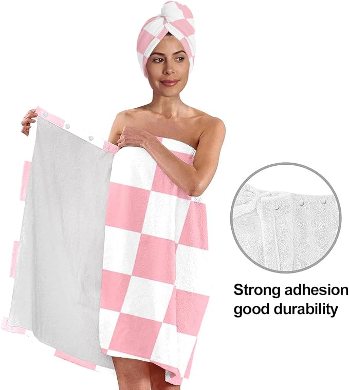 Checkered Bath Wrap Set with Hair Turban, Spa Towel Wrap, Towel Robe - Image 5