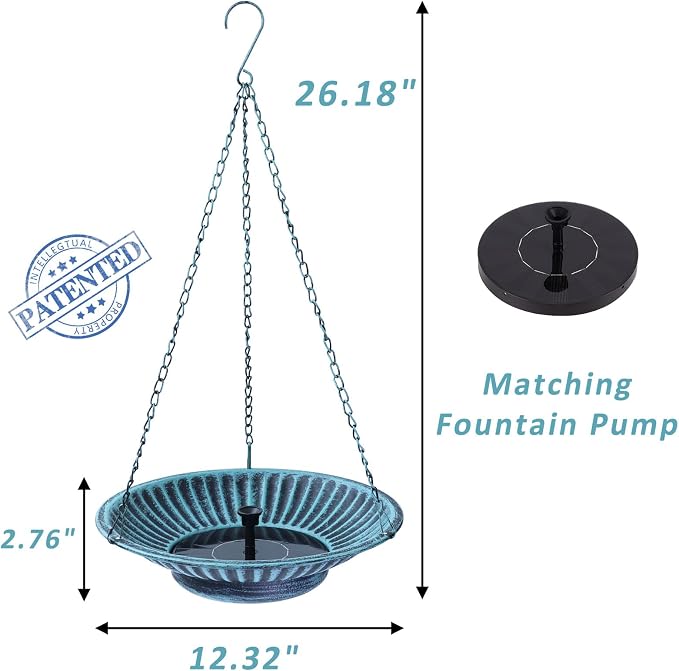 12.3" Hanging Bird Bath with Solar Fountain Bird Bath Bubbler，Birdbath Fountain - Image 3