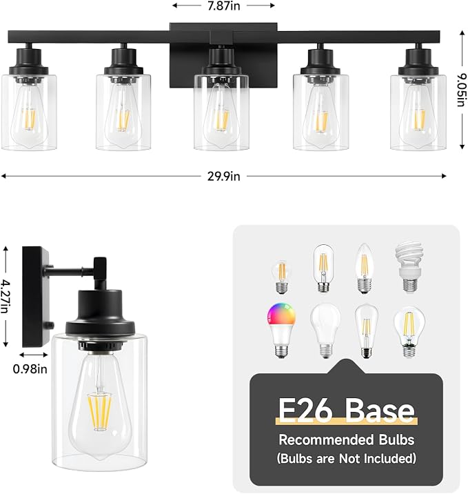 5-Light Black Bathroom Vanity Light, Modern Vanity Lighting Fixture - Image 3