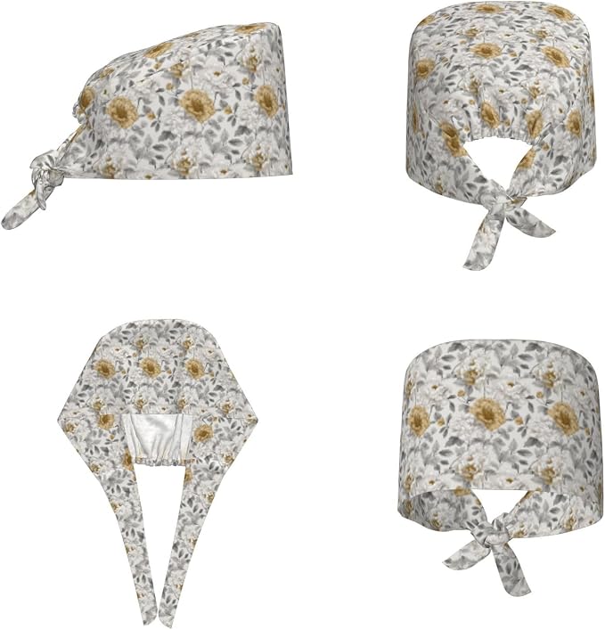 Scrub Cap for Women and Men Boho Black Leaf Pattern Adjustable Breathable - Image 2