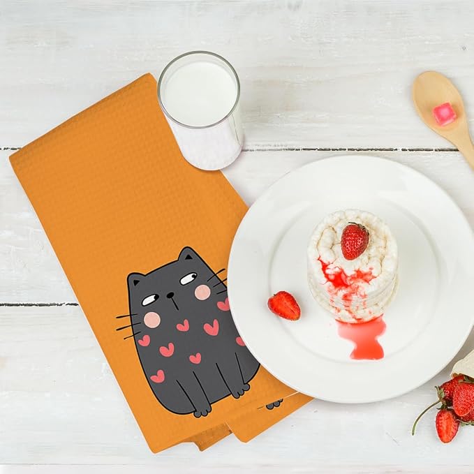 2PCS Cute Cat Kitchen Towels, Cat Themed Gifts Reusable Absorbent Waffle Weave - Image 6