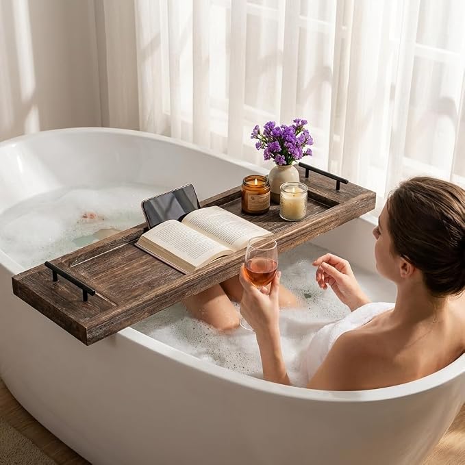 Hanobe Bathtub Tray Bath Caddy: Wood Tub Trays Table Extra Large Rustic Bathtub - Image 8