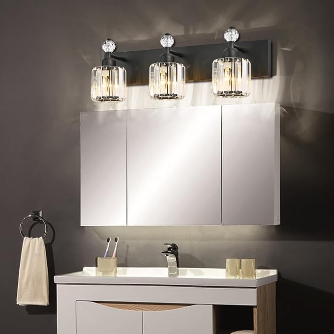 PRESDE Crystal 3 Light Bathroom Vanity Lights Modern Matte Black Bathroom - Image 3