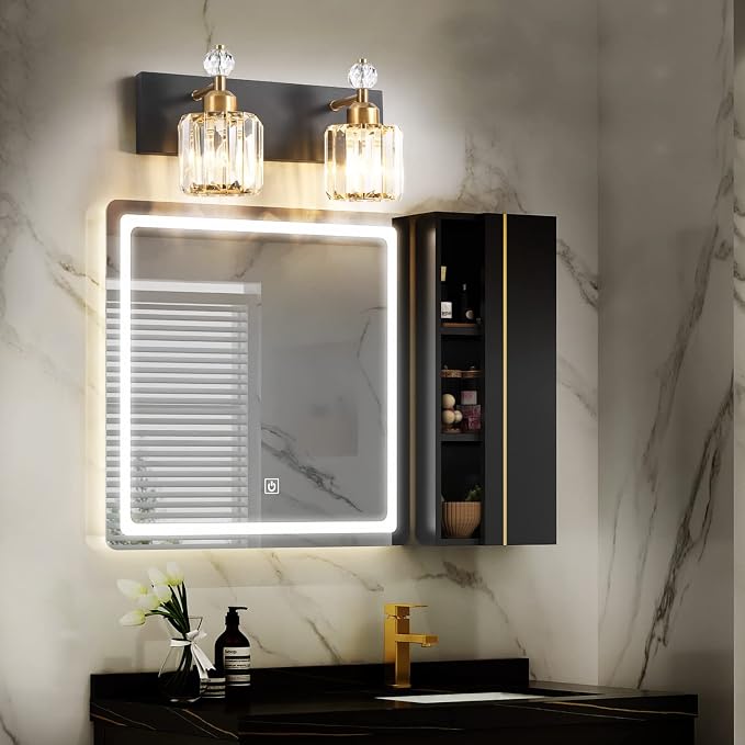 PRESDE 2-Crystal Bathroom Vanity Light Modern Black and Gold Bathroom Lights - Image 4