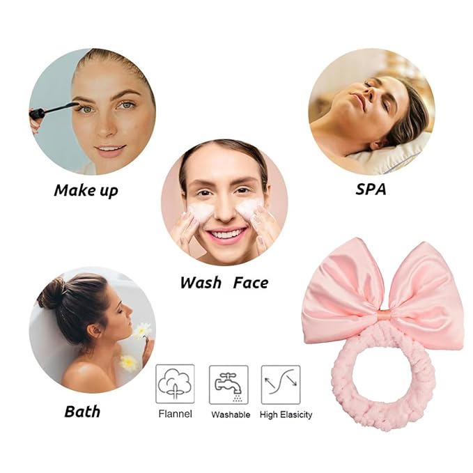 JIAHANG Large Bow Facial Spa Headband, Morning Wash Skincare Satin Bow Hairband - Image 4