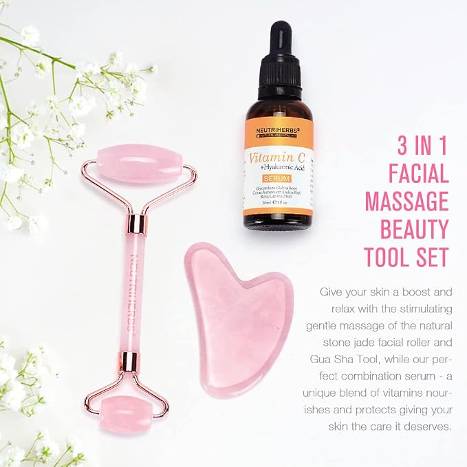 NEUTRIHERBS Jade Gua Sha & Face Roller & Vitamin C Serum Facial Tool Set - Image 2