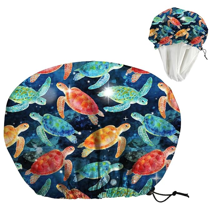 Sea Turtle Reusable Shower Cap Ocean Double Layer Waterproof Shower Caps Large by DELORIGIN