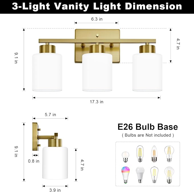 FonmYim Brushed Gold Bathroom Light Fixtures, 3-Light Modern Vanity Light Over - Image 2
