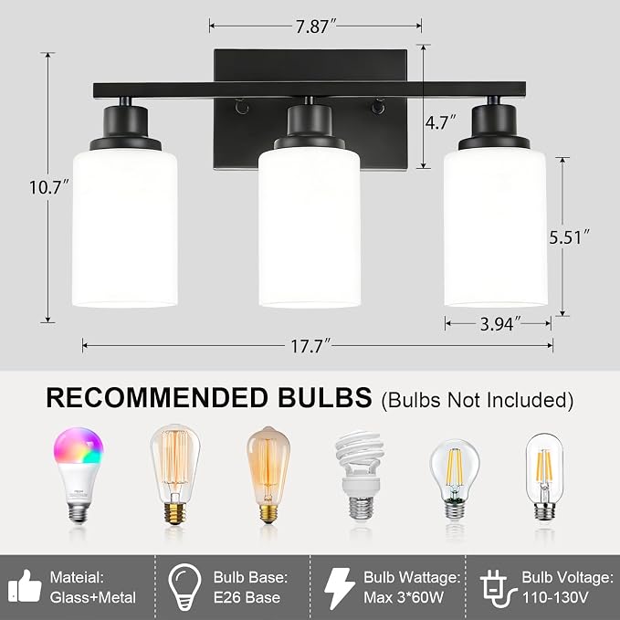 3-Light Black Bathroom Light Fixture Over Mirror, Modern Farmhouse Vanity Light - Image 2