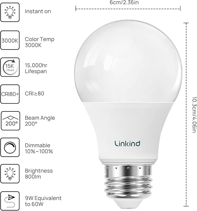 Linkind A19 LED Light Bulbs Dimmable, 60W Equivalent, Energy Efficient 9W - Image 2