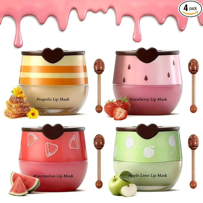 4PCS Bee Lip Balm Honey Pot, Vitamin E & Moisturizing Propolis Sleeping Lip Mask by Charm+Kiss
