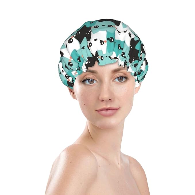 Cat Pattern Shower Cap For Women Reusable Waterproof Double Layers Bath Cap - Image 2