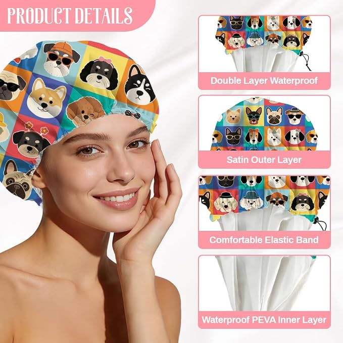 Funny Dog Reusable Shower Cap Cute Double Layer Waterproof Shower Caps Large - Image 3