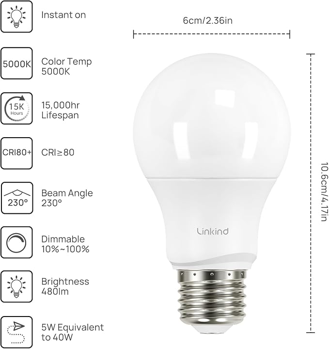 Linkind A19 LED Light Bulbs Dimmable, 40W Equivalent, E26 Base, 5000K Daylight - Image 2