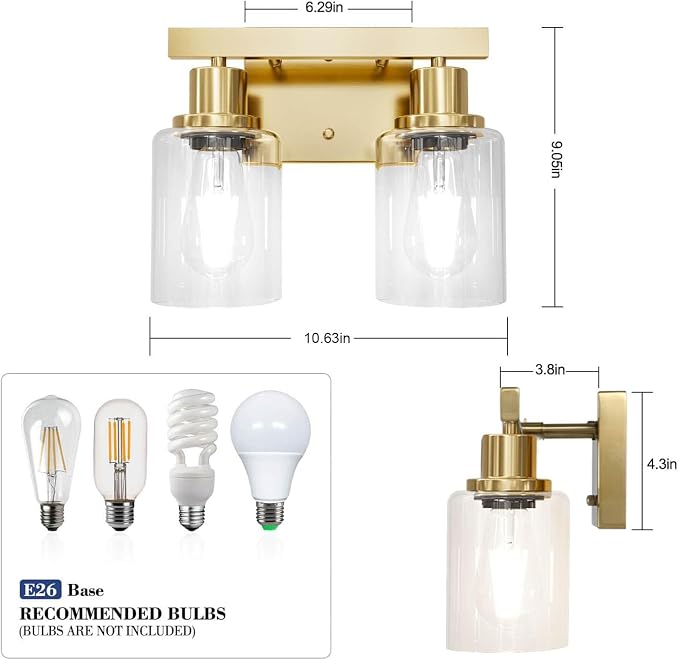 2-Light Brushed Gold Vanity Lights - Image 2