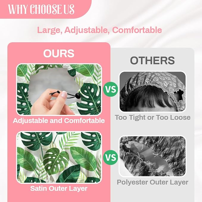 Tropical Leaves Reusable Shower Cap Green Monstera Double Layer Waterproof - Image 4