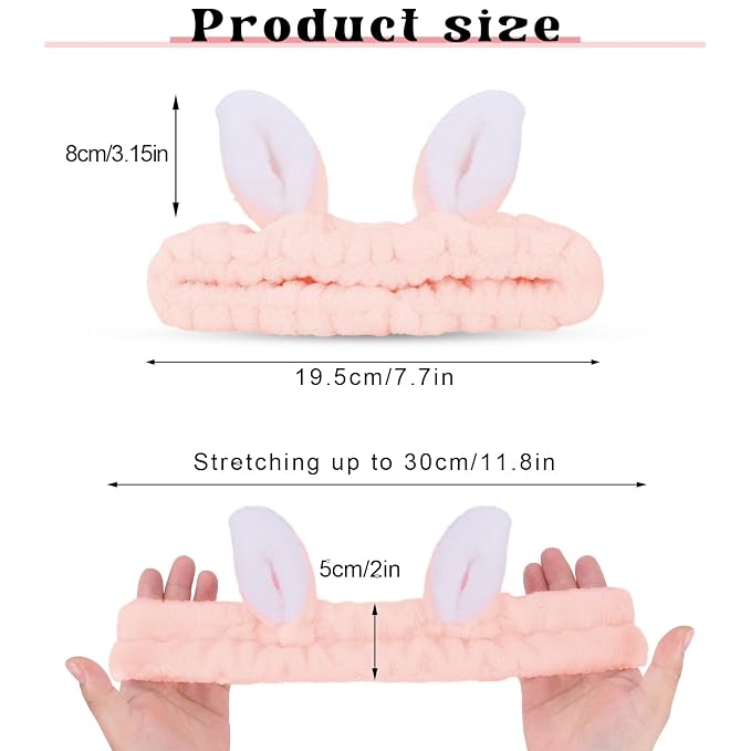 Jowmoy Cute Light Pink Rabbit Ears Headband Frog Eye Elastic to Wash Face - Image 2