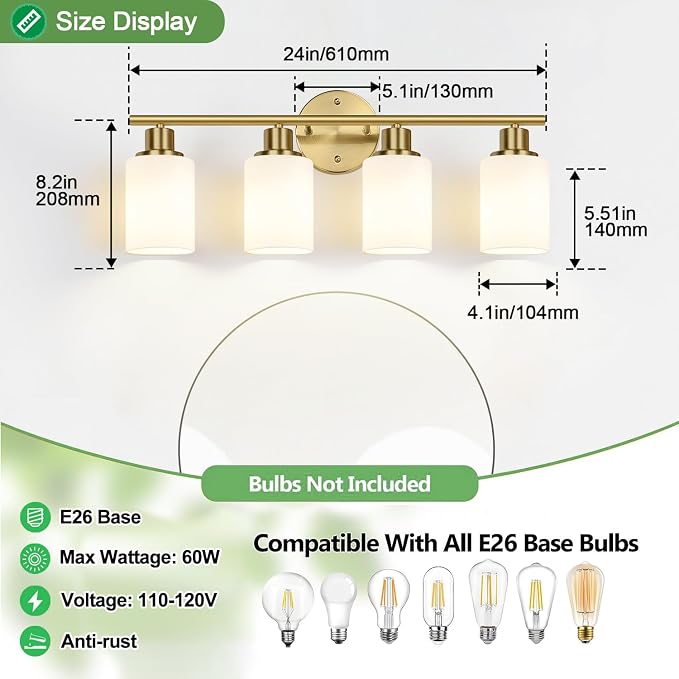 Zarbitta 4-Light Bathroom Light Fixtures, Brushed Gold Modern Vanity Lights - Image 9
