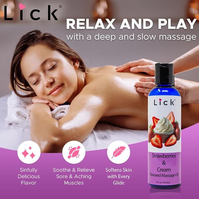 Lick Strawberries and Cream Flavored Massage Oil – Romantic, Body Safe - Image 2