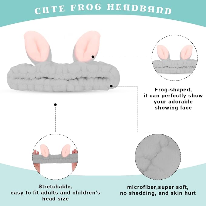 Cute Gray Rabbit Ears Headband Frog Eye Elastic to Wash Face - Image 3