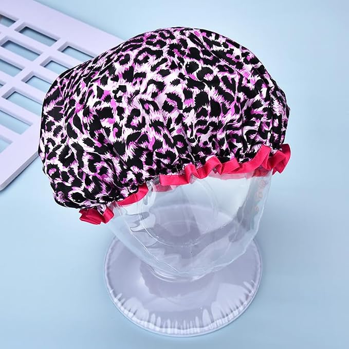Womens Pink Leopard Print Shower Caps - Image 6