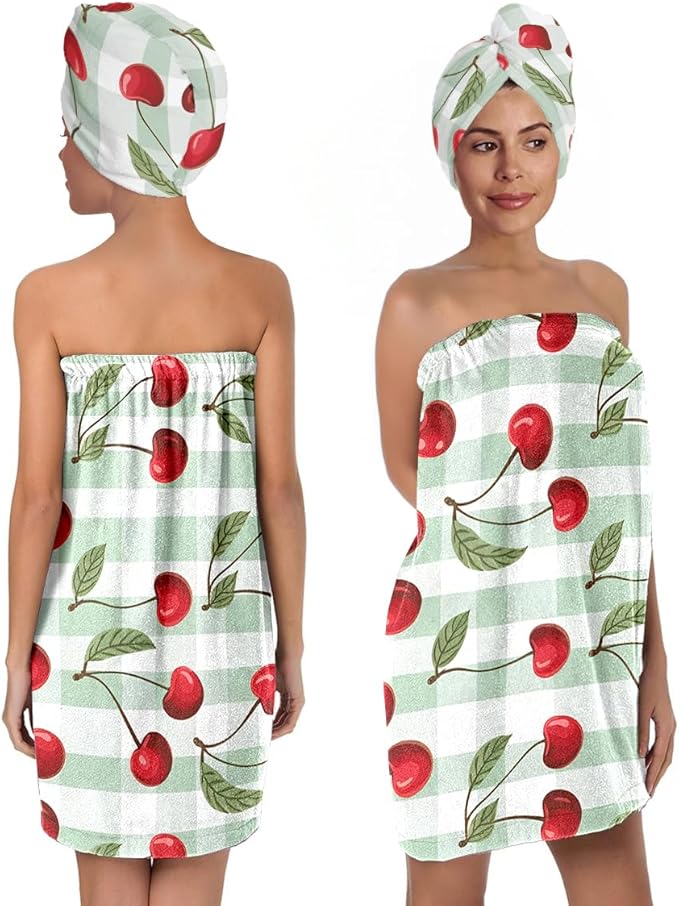 Cherry Print Bath Wrap Skirt and Hair Drying Cap Set – Absorbent Microfiber by QIULIBMH