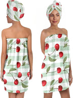 Cherry Print Bath Wrap Skirt and Hair Drying Cap Set – Absorbent Microfiber by QIULIBMH