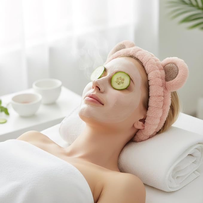 Bear Ears Headband, Cute Spa Headband and Wristband Set Washing Face Skincare - Image 6