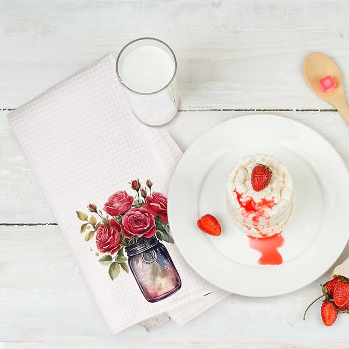 2PCS Watercolor Rose Kitchen Towels, Flower Vase Glass Waffle Weave Dish Tea - Image 6