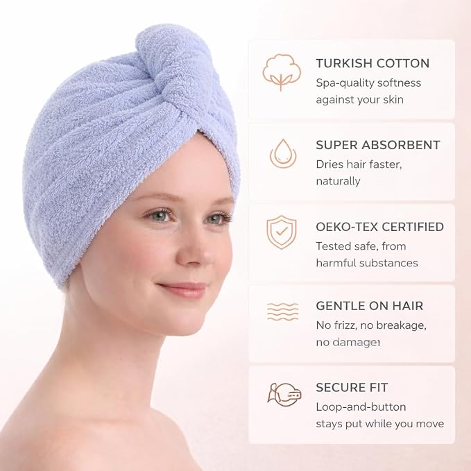 100% Turkish Cotton Hair Towel Wrap 2 Pack – Oeko-TEX Certified Quick Dry Turban - Image 3