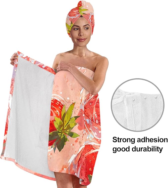 Women’s Strawberry Print Bath Towel and Hair Wrap Set, Soft Absorbent - Image 4
