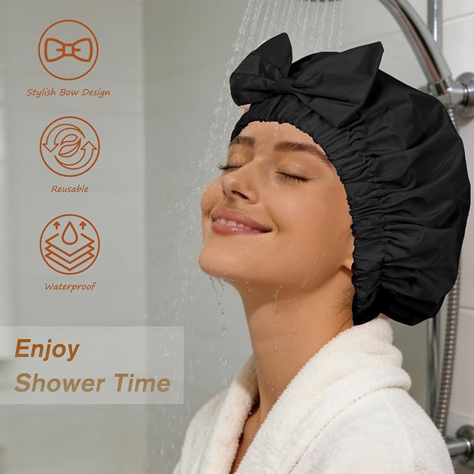 Shower Cap for Women, Cute Bow Waterproof Reusable Bath Cap, Non-Slip Anti - Image 2