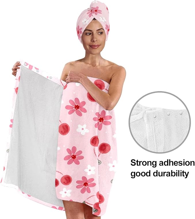 Cherry Blossom Bath Wrap with Hair Drying Towel – Soft Pink Microfiber Shower - Image 4