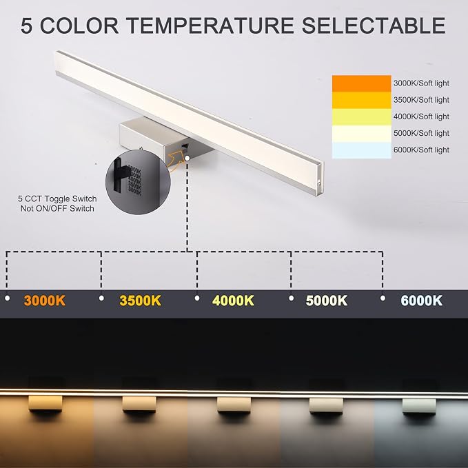 16W LED Vanity Light Bar, 19.6-Inch Brushed Nickel Bathroom Fixture, 5CCT Color - Image 2