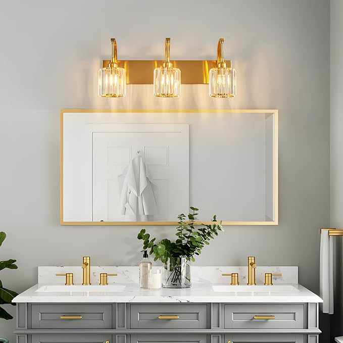 3-Light Crystal Vanity Light, Modern Gold Bathroom Wall Sconce - Image 6