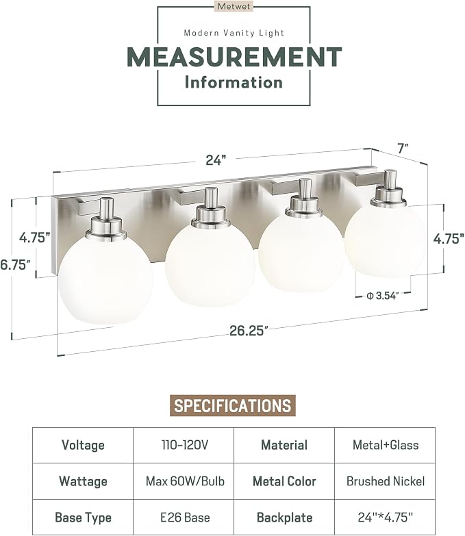 Bathroom Light Fixtures, 4 Light Brushed Nickel Vanity Light, 26 Inch Modern - Image 3