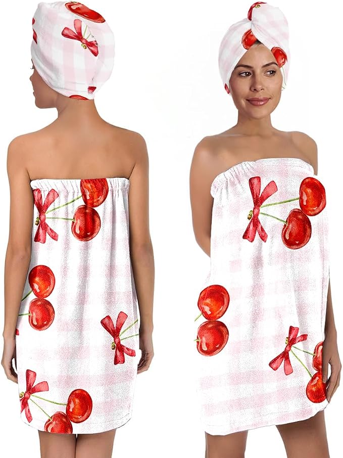 Cherry Bath Wrap with Hair Drying Turban, Quick Dry Spa Wrap Towel by QIULIBMH