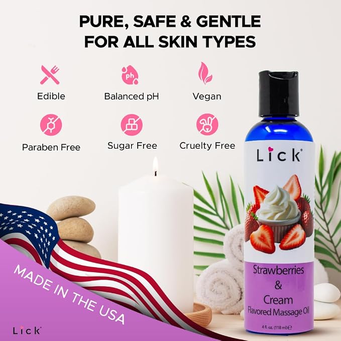 Lick Strawberries and Cream Flavored Massage Oil – Romantic, Body Safe - Image 6