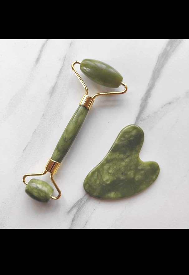 Jade Roller and Gua Sha Set, Natural Green Stone Facial Massage Tools - Image 2