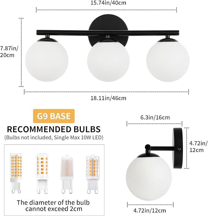 Black Globe Bathroom Light Fixtures 3-Light Vanity Light - Image 5