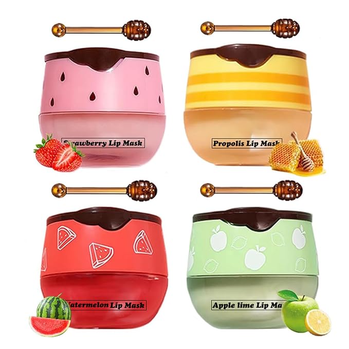 4 PCS Honey Lip Mask, Strawberry & Watermelon & Apple Lime Lip Sleeping Mask by Unknown