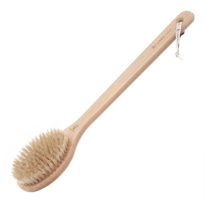 Hydrea London Body Brush Long Handled Exfoliating Back Scrubber, Natural Bristle - Image 2
