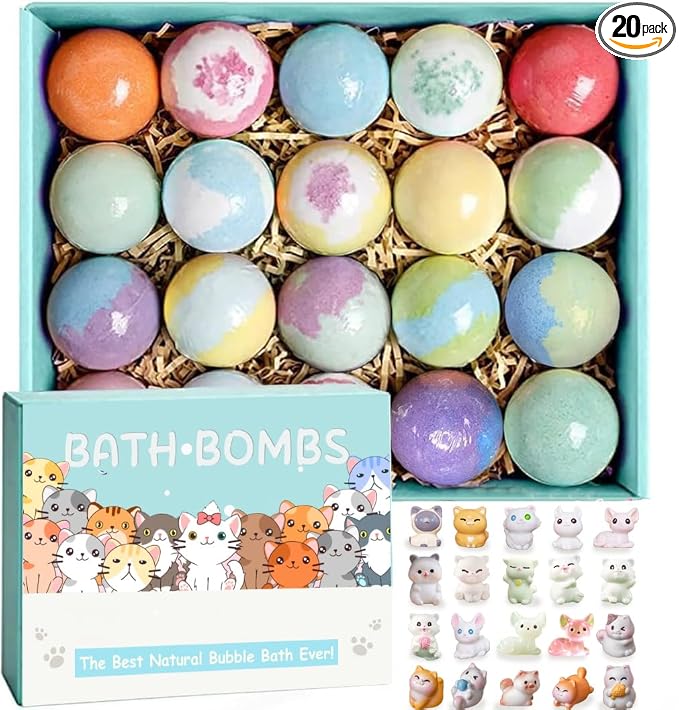 Kids Bath Bombs with Surprise Inside, 20 Pack Bring Dog and cat Toys Gift Set by Kottke