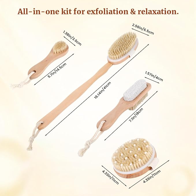 Dry Brush Set-4 Packs Natural Boar Bristle Dry Brushing Body Brush Exfoliating - Image 2