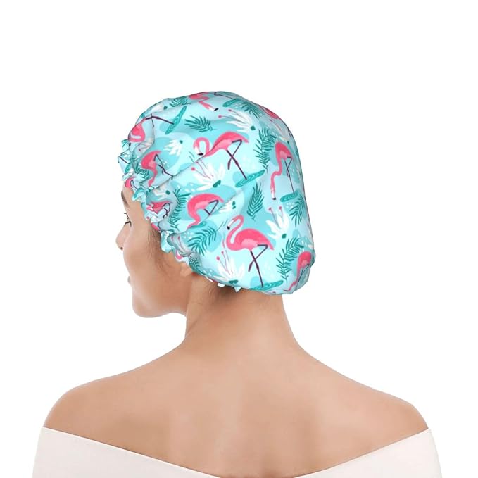 Pink Flamingos Shower Cap For Women Reusable Waterproof Double Layers Bath Cap - Image 7