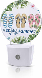 Night Lights Auto Sensor Flip Flops Night Light Enjoy Summer Green Palm Leaves by Home+L6