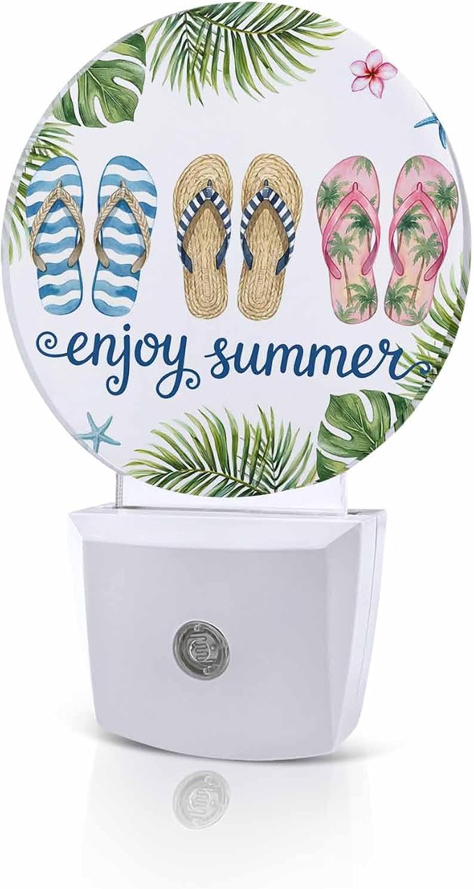 Night Lights Auto Sensor Flip Flops Night Light Enjoy Summer Green Palm Leaves by Home+L6