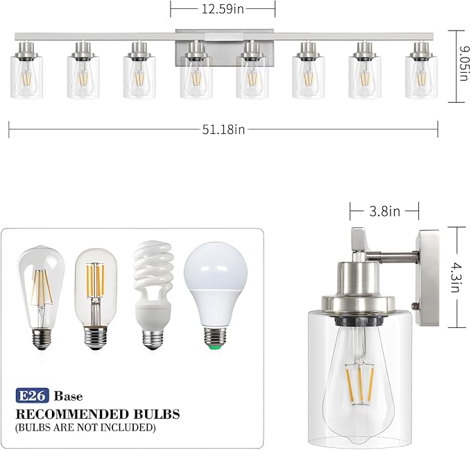 52inch Brushed Nickel Vanity Light Fixtures, 8 Light Brushed Nickel Bathroom - Image 3